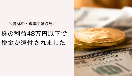 育休中（主婦）、株の利益が48万円以下の人は、確定申告で還付される！